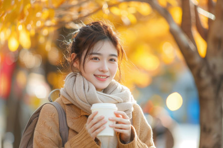woman in a cozy scarf holding a cup of coffee with a bright autumn backgroundの素材