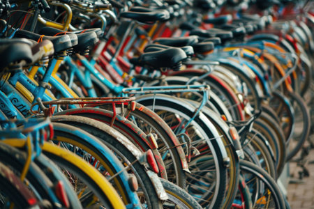 Rows of colorful bicycles with worn frames and tires, lined up closely in an outdoor urban setting.の素材