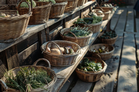 Wicker baskets filled with fresh vegetables displayed on rustic wooden shelves at an outdoor market.の素材