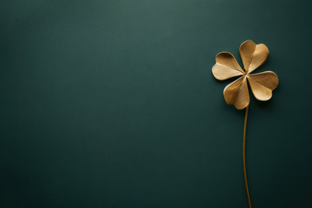 A golden shamrock with heart-shaped leaves rests elegantly on a dark green background with copy spaceの素材