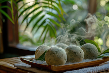 Steaming herbal compress balls placed on a tray in a lush spa setting with soft natural lighting.の素材