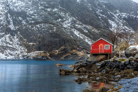 Nusfjord is the best-preserved fishing village in Lofotenの写真素材
