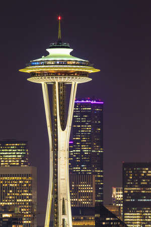 Space Needle at night in Seattle, Washington State, USAの写真素材