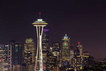 Space Needle at night in Seattle, Washington State, USAの写真素材