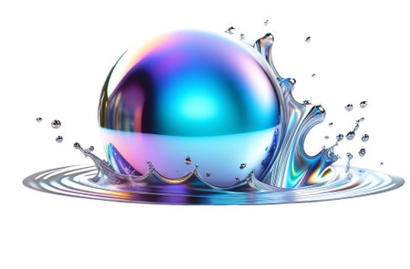 Holographic water drop splashing, abstract modern design element isolated on white background.の写真素材
