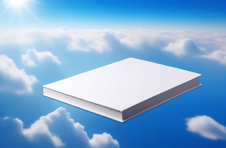 Blank book mockup in sky with clouds and sky.の写真素材