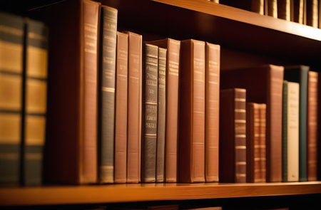 Books row standing on shelf in home library. Old bookshelf.の写真素材