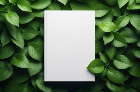 Book cover mockup on green leaf background.の写真素材