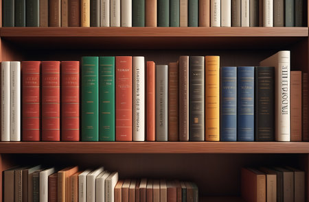 Books row standing on shelves. Old bookshelf, library.の写真素材