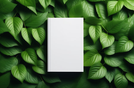 Blank book cover mockup on green leaves background.の写真素材