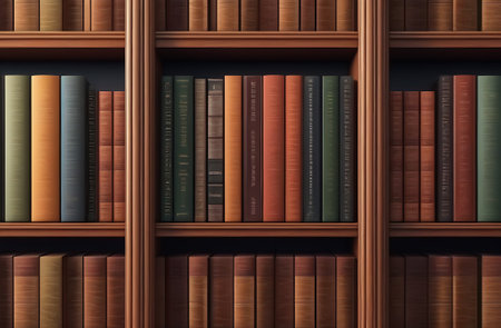 Books spines standing on shelves. Old bookshelf, library.の写真素材
