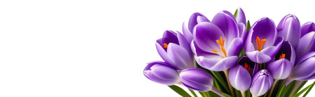 Violet crocuses, wild spring flowers bunch, floral bouquet, banner background.の素材