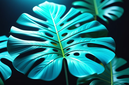 Monstera leaf in unreal night light.の素材