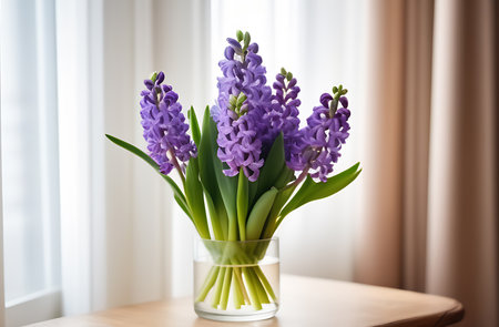 Blossomed hyacinth, spring flowers bunch, purple bouquet in water, glass vase on wood desk at window.の素材