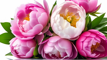 Blooming flowers closeup. Blossomed pink peony roses, leaves isolated on white.の素材