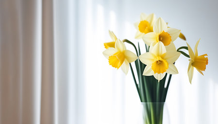 Blossomed daffodils, blooming spring flowers bunch, bouquet. Banner background.の素材
