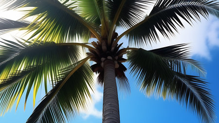 Palm tree, exotic leaf plant, shadow from southern sun on summer holiday at sea resort.の素材
