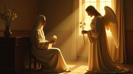 The Annunciation with Mary and Angel Gabriel, illuminated by divine light and a lily symbolizing purity and grace. A sacred and transformative moment of humility and faith, filledの素材