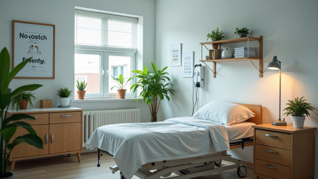 Private hospital room with a cozy and modern design. Bright space featuring a bed, wooden furniture, bedside table, and lamp, enhanced by natural light and greenery. Minimalistの素材
