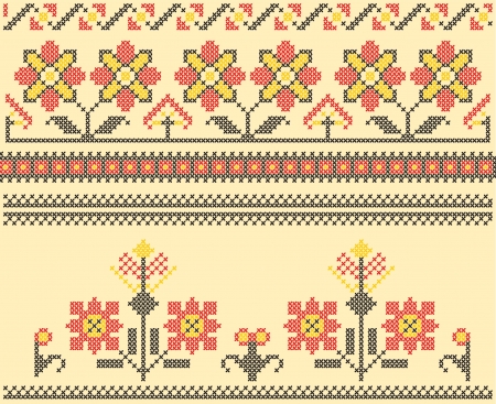 Sets of ethnic cross stitch romanian flourish patternのイラスト素材