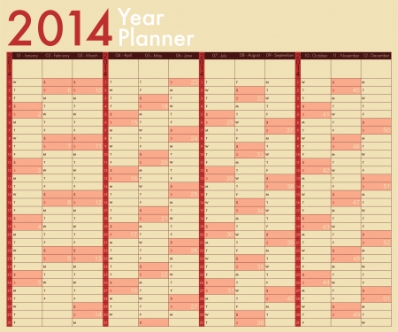 2014 Calendar. Year Planner. Week starts on Sundayのイラスト素材