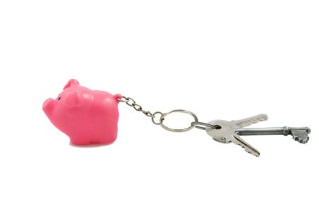 Pink plastic pig dragging the bunch of keys. Copy space.の写真素材