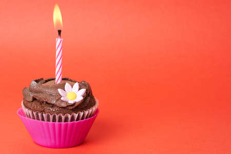 Miniature chocolate cupcake with icing, decorative flower and birthday candle on red background with copy spaceの写真素材