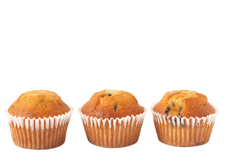 Three fresh blueberry muffins isolated on white background with copy spaceの写真素材