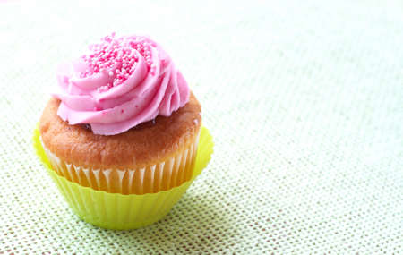 Small vanilla cupcake with strawberry icing on green mesh background