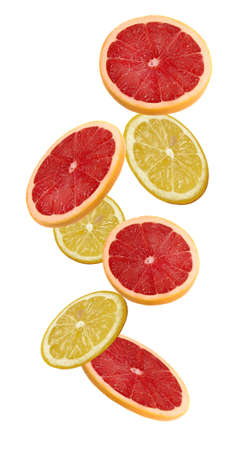 Slice of grapefruit and lemon isolated on white backgroundの写真素材