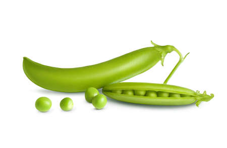 Sweet green peas in pods isolated on white background. One whole and one open pea beanの写真素材