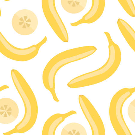 Vector seamless pattern with whole and cut bananas on a white background. Flat illustration with ripe fruits and round slices for juice and baby food packaging design. Cute naive children's print.のイラスト素材