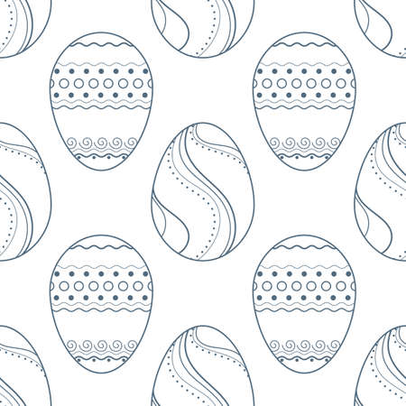 Vector seamless pattern with several painted Easter eggs on white background. Simple geometric illustration for holiday layout design. Outline elements with blue stroke. Decorative festive attribute.のイラスト素材