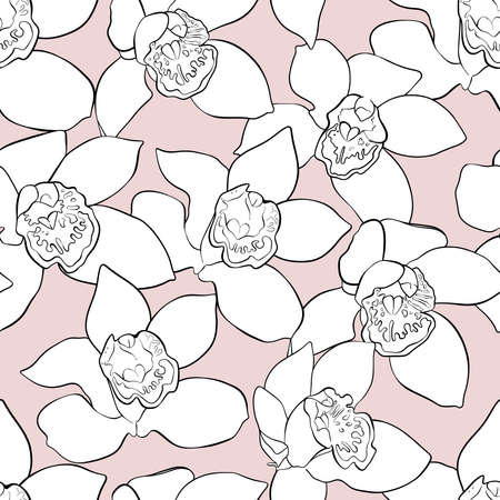 Vector seamless pattern with big vintage blooming orchids on light pink background. Black and white contour elements. many large flowers. line art. Flat hand drawn illustration. Quick realistic sketchのイラスト素材