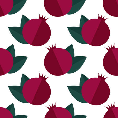 Vector seamless pattern with flat icons of whole pomegranate and a few large green leaves on a white background. fruit composition. Illustration for packaging design of juice, fabrics, cosmetics.のイラスト素材