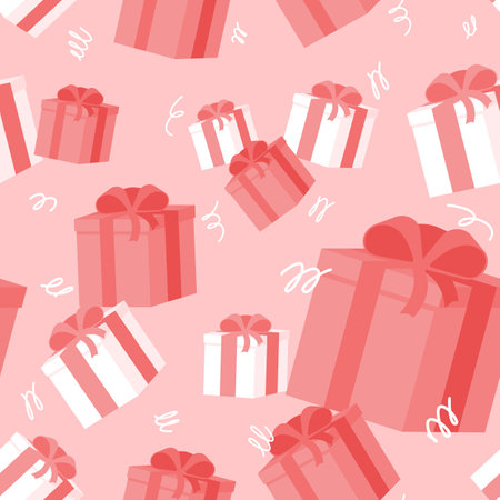 Vector seamless pattern of many boxes icon with red bow and curved lines on pale pink background. Festive mood. gift shop. Seasonal sale concept. Flat decorative art element for holiday layout design.のイラスト素材