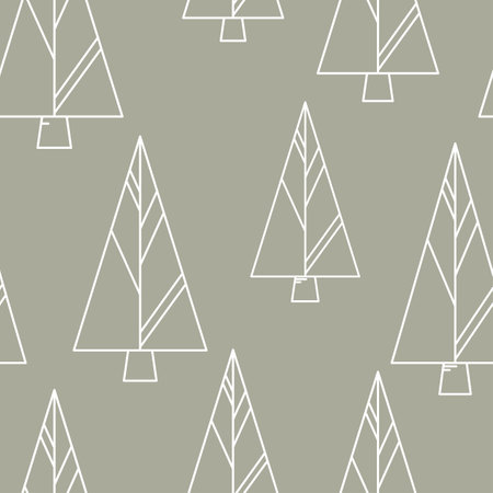 Scandinavian vector seamless pattern of many big Christmas tree icons on pale green background. Modern outline concept. Decorative art element for festive layout design. New Year celebration season.のイラスト素材