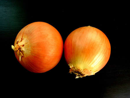2 isolated onions on black backgroundの写真素材
