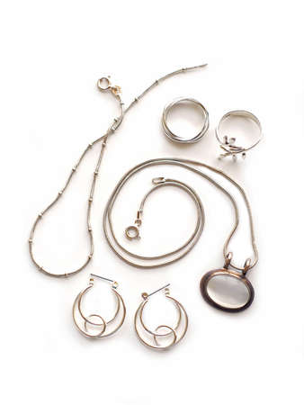 Silver jewelry on white backgroundの写真素材