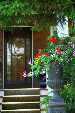 House entrance with flower vaseの写真素材