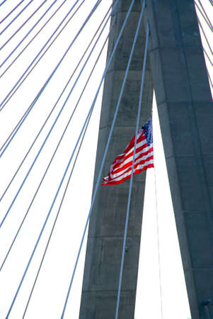 Detail of Leonard Zakim bridge in Boston with american flagの写真素材
