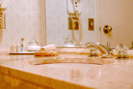 Luxury bathroom interior in beige tonesの写真素材