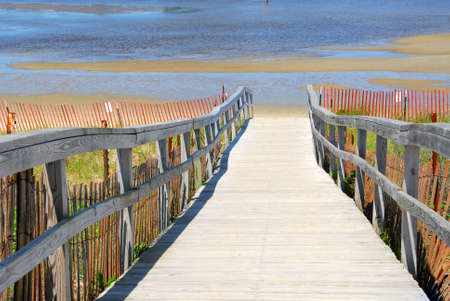 Wooden path over sand dunes with beach viewの写真素材