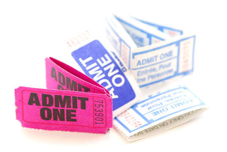 Several raffle tickets close up isolated on white backgroundの写真素材