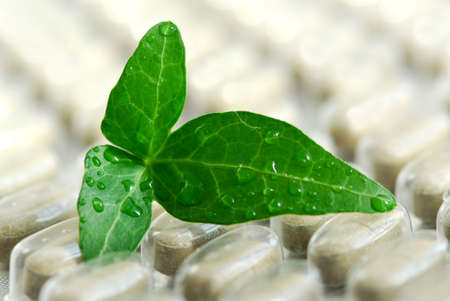 Herbal supplement pills close up with fresh green leafの写真素材