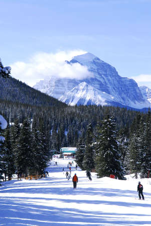Downhill skiing in Canadian Rocky mountains with scenic viewの写真素材
