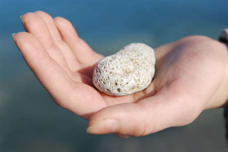 Child's hand holding a round porous beach pebbleの写真素材
