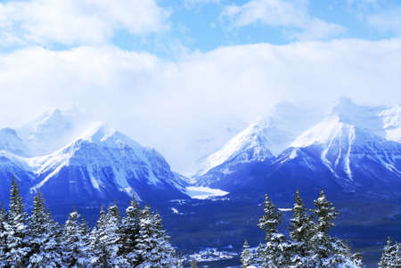 Snowy mountain ridge at Lake Louise ski resort in Canadian Rockies