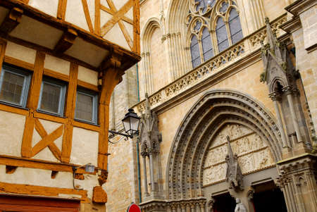 Medieval house and a cathedral in Vannes, Franceの写真素材