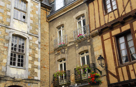Street corner with medieval houses in Vannes, Franceの写真素材